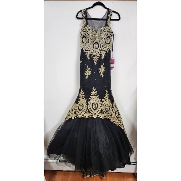 Abby Paris Tulle w/Embroidery Formal Gown Dress Black & Gold Size 4 - Picture 4 of 11